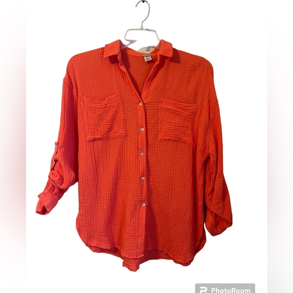 MAGASCHONI Organic Cotton Button Shirt Womens XS Orange Roll Tab Sleeve Oversize